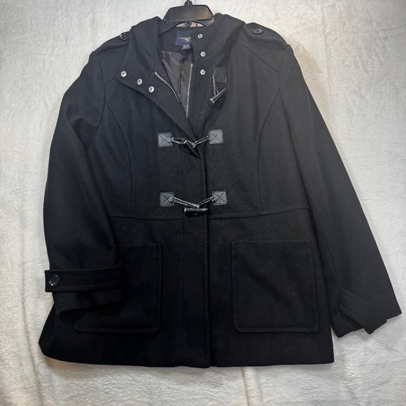 London Fog Pea Coat Womens Size XL Black Hooded Wool Blend Mid Length - Picture 1 of 8